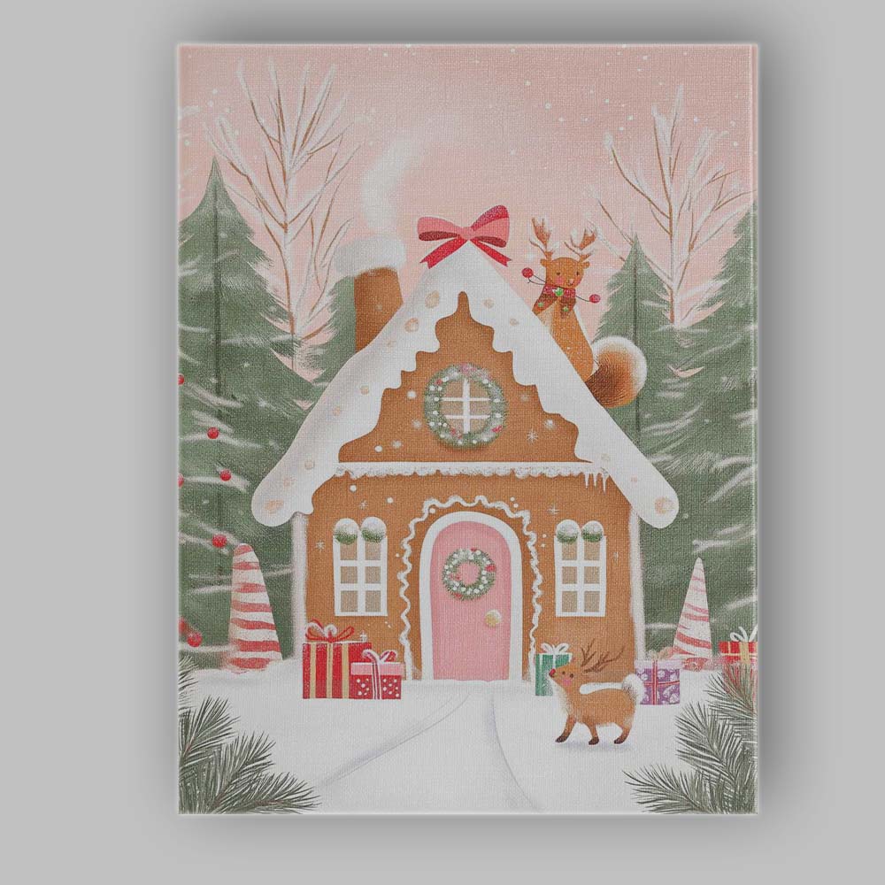 Whimsical Gingerbread House with Reindeer and Christmas Gifts Winter Scene Canvas Wall Art Print Decor Picture Ready to Hang