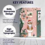 Funny Christmas Tiger Cat Sitting on Toilet Festive Bathroom Illustration Canvas Wall Art Print Decor Picture Ready to Hang