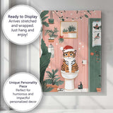 Funny Christmas Tiger Cat Sitting on Toilet Festive Bathroom Illustration Canvas Wall Art Print Decor Picture Ready to Hang