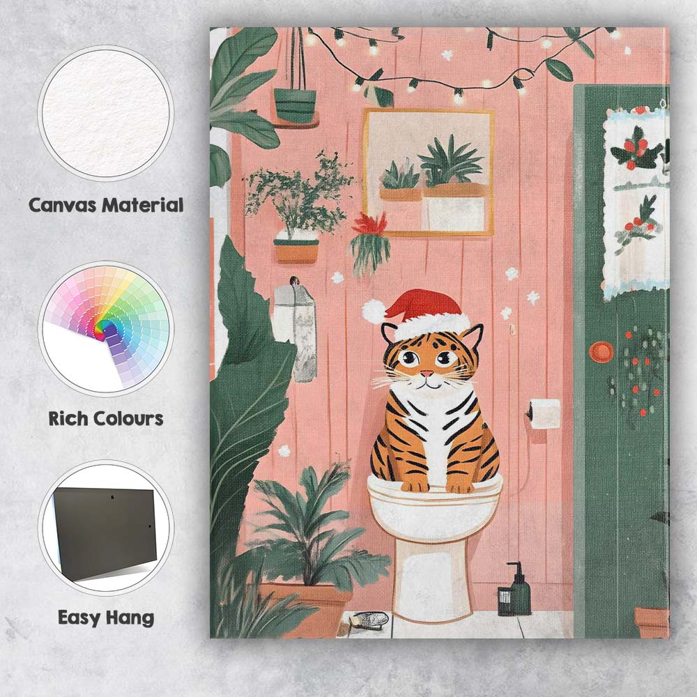Funny Christmas Tiger Cat Sitting on Toilet Festive Bathroom Illustration Canvas Wall Art Print Decor Picture Ready to Hang