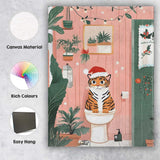 Funny Christmas Tiger Cat Sitting on Toilet Festive Bathroom Illustration Canvas Wall Art Print Decor Picture Ready to Hang