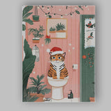 Funny Christmas Tiger Cat Sitting on Toilet Festive Bathroom Illustration Canvas Wall Art Print Decor Picture Ready to Hang