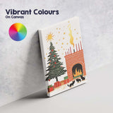Scandinavian Christmas Tree Fireplace and Black Cats Festive Illustration Canvas Wall Art Print Decor Picture Ready to Hang
