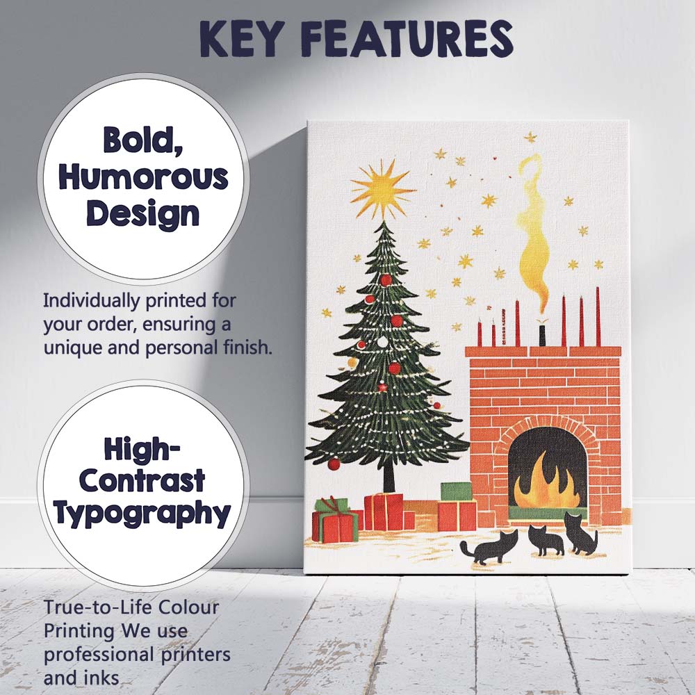Scandinavian Christmas Tree Fireplace and Black Cats Festive Illustration Canvas Wall Art Print Decor Picture Ready to Hang