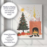 Scandinavian Christmas Tree Fireplace and Black Cats Festive Illustration Canvas Wall Art Print Decor Picture Ready to Hang