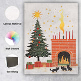 Scandinavian Christmas Tree Fireplace and Black Cats Festive Illustration Canvas Wall Art Print Decor Picture Ready to Hang