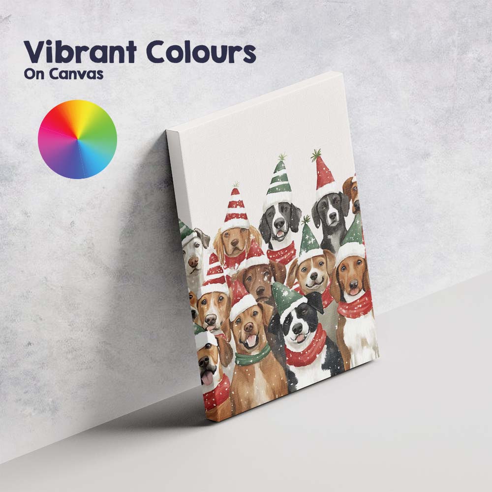 Festive Christmas Dogs Wearing Santa Hats Watercolour Animal Illustration Canvas Wall Art Print Decor Picture Ready to Hang