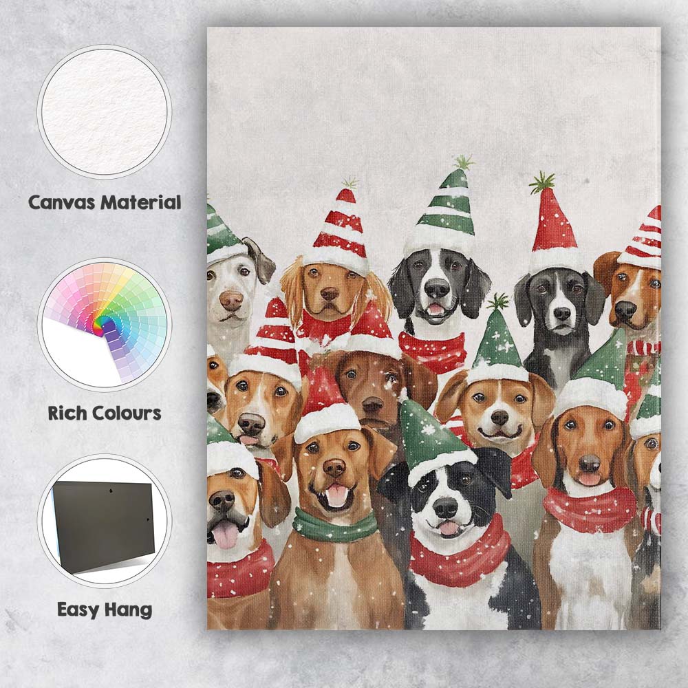 Festive Christmas Dogs Wearing Santa Hats Watercolour Animal Illustration Canvas Wall Art Print Decor Picture Ready to Hang
