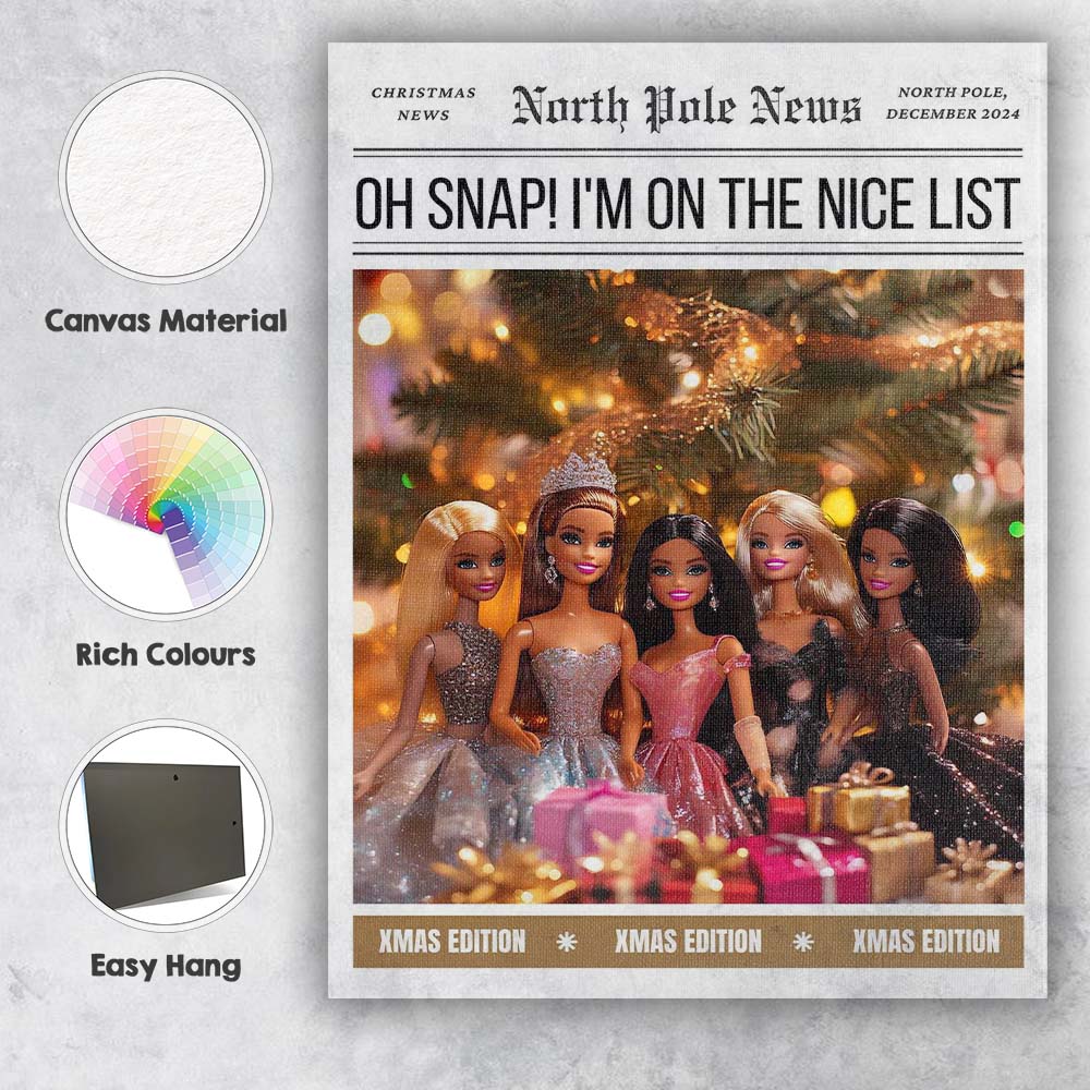 Christmas Fashion Dolls Nice List Magazine Cover Glam Holiday Canvas Wall Art Print Decor Picture Ready to Hang