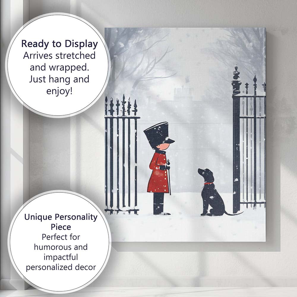 Minimalist Winter Guard and Black Labrador Snowy Christmas Scene Canvas Wall Art Print Decor Picture Ready to Hang