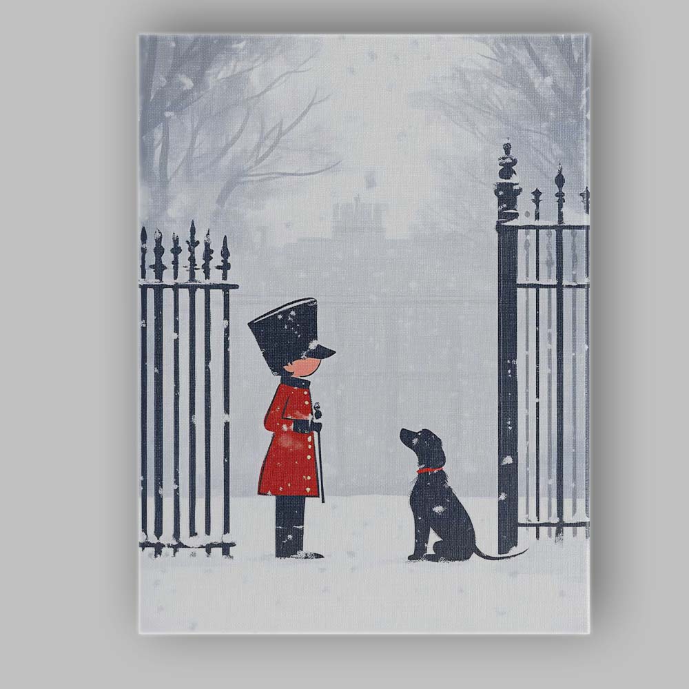 Minimalist Winter Guard and Black Labrador Snowy Christmas Scene Canvas Wall Art Print Decor Picture Ready to Hang