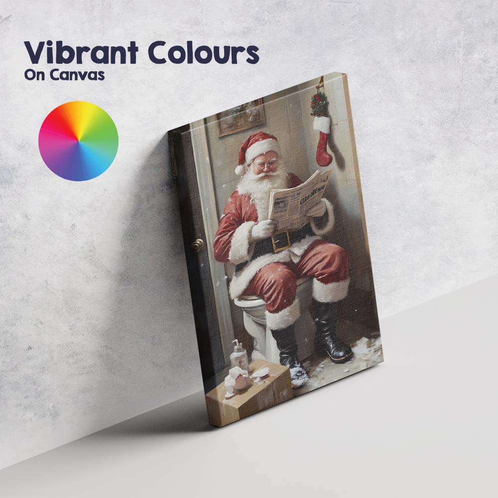 Funny Santa Claus Reading Newspaper on Toilet Christmas Humour Canvas Wall Art Print Decor Picture Ready to Hang