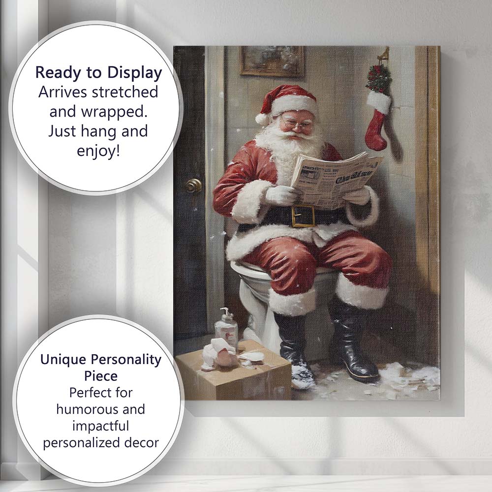 Funny Santa Claus Reading Newspaper on Toilet Christmas Humour Canvas Wall Art Print Decor Picture Ready to Hang