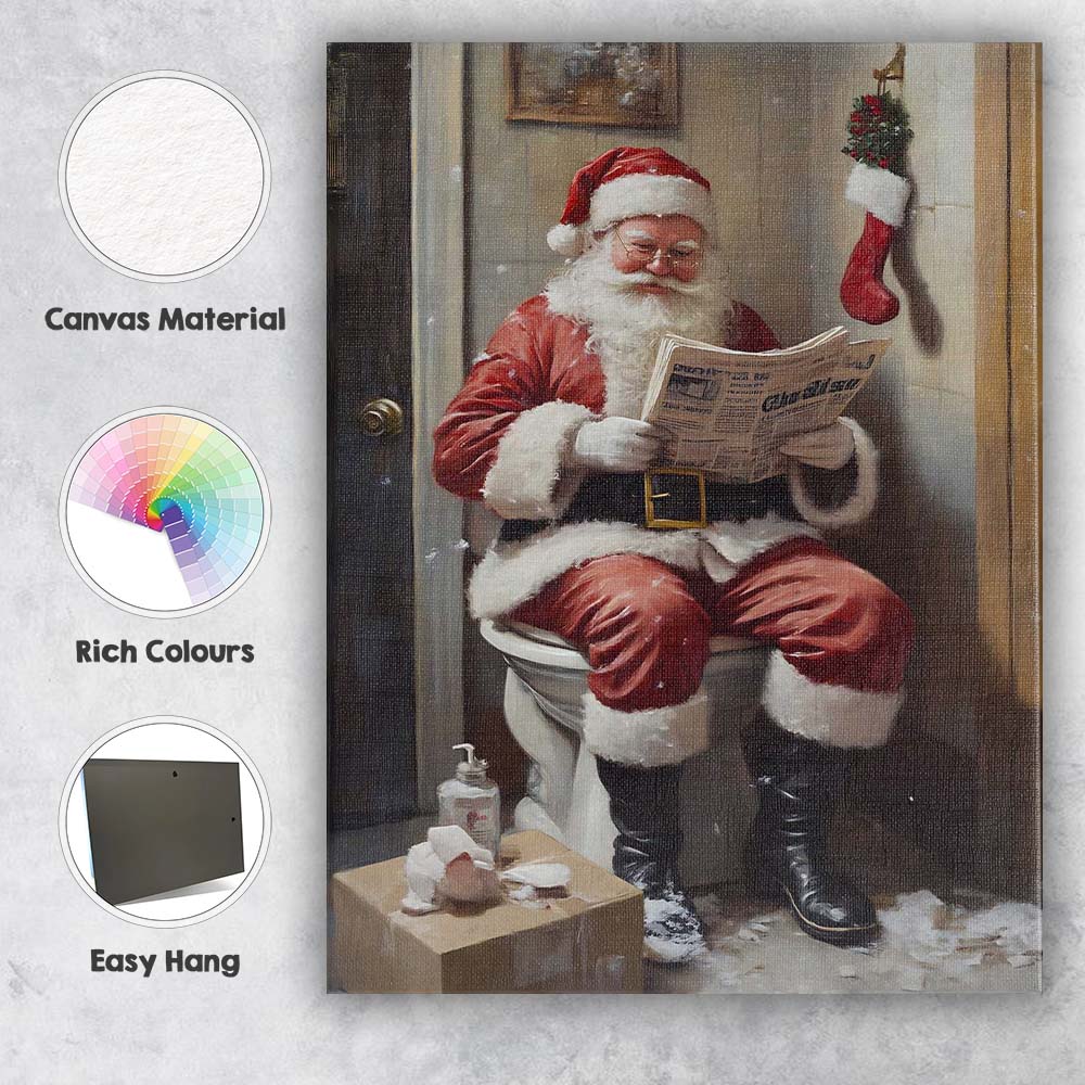 Funny Santa Claus Reading Newspaper on Toilet Christmas Humour Canvas Wall Art Print Decor Picture Ready to Hang