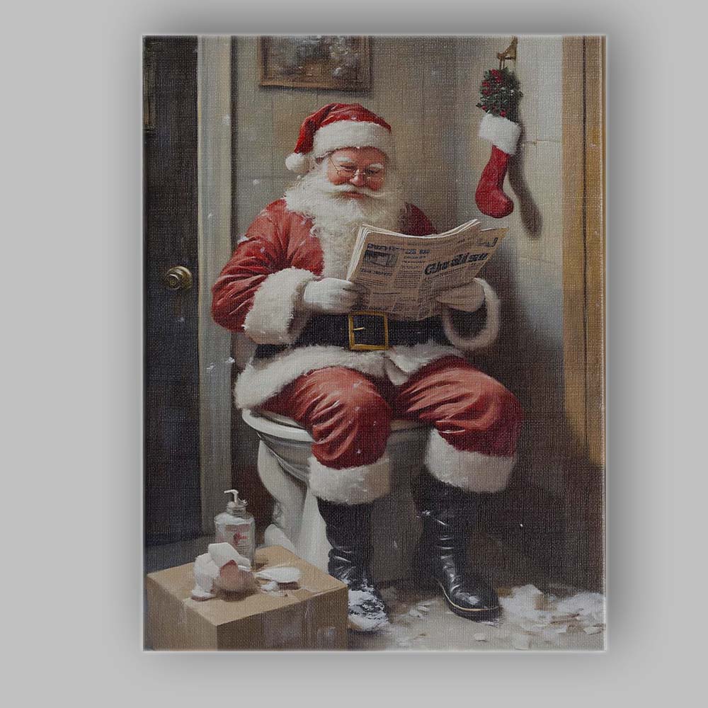 Funny Santa Claus Reading Newspaper on Toilet Christmas Humour Canvas Wall Art Print Decor Picture Ready to Hang