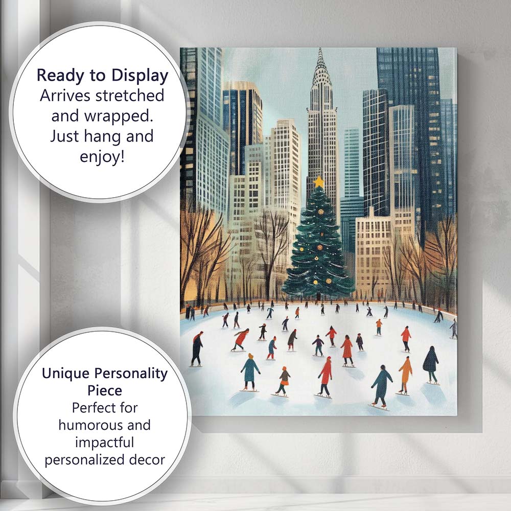 Christmas Ice Skating Rink City Skyline Winter Holiday Illustration Canvas Wall Art Print Decor Picture Ready to Hang