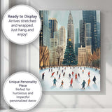 Christmas Ice Skating Rink City Skyline Winter Holiday Illustration Canvas Wall Art Print Decor Picture Ready to Hang