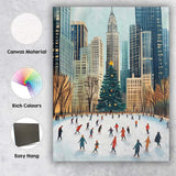 Christmas Ice Skating Rink City Skyline Winter Holiday Illustration Canvas Wall Art Print Decor Picture Ready to Hang
