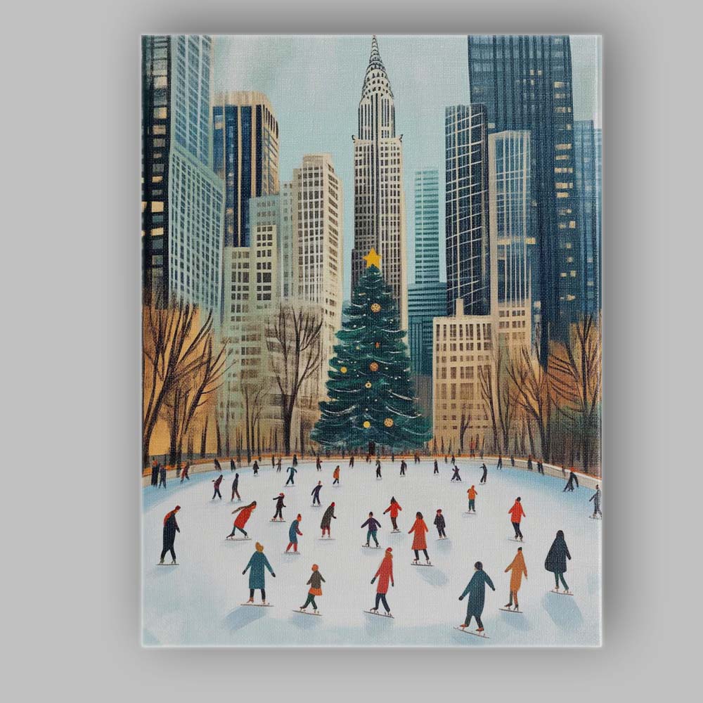 Christmas Ice Skating Rink City Skyline Winter Holiday Illustration Canvas Wall Art Print Decor Picture Ready to Hang