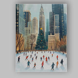 Christmas Ice Skating Rink City Skyline Winter Holiday Illustration Canvas Wall Art Print Decor Picture Ready to Hang