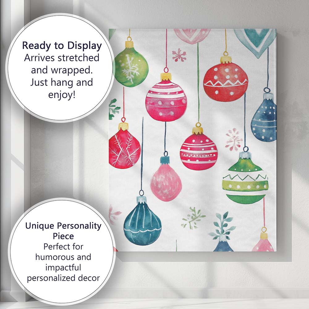 Colourful Watercolour Christmas Baubles Hanging Ornament Pattern Canvas Wall Art Print Decor Picture Ready to Hang