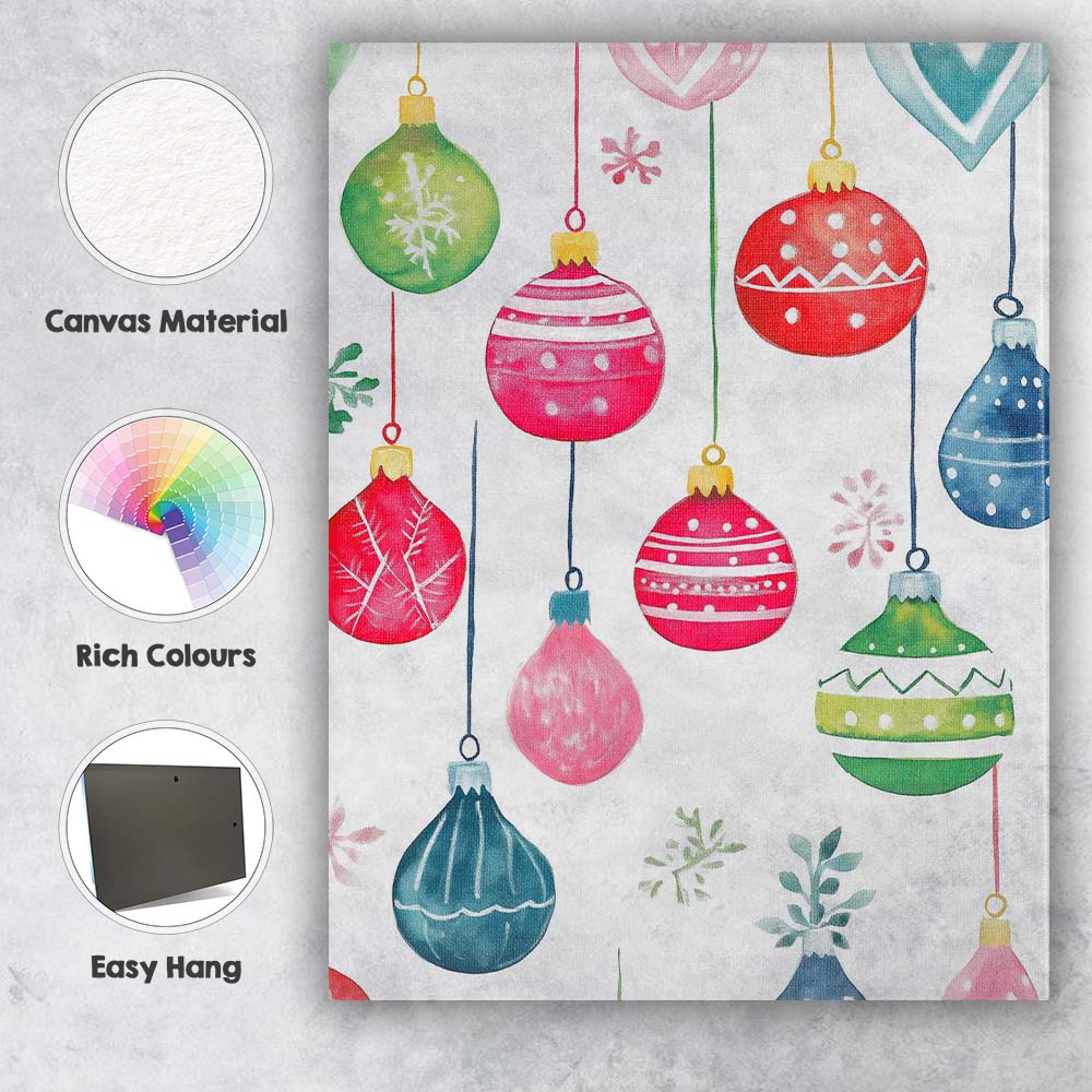 Colourful Watercolour Christmas Baubles Hanging Ornament Pattern Canvas Wall Art Print Decor Picture Ready to Hang