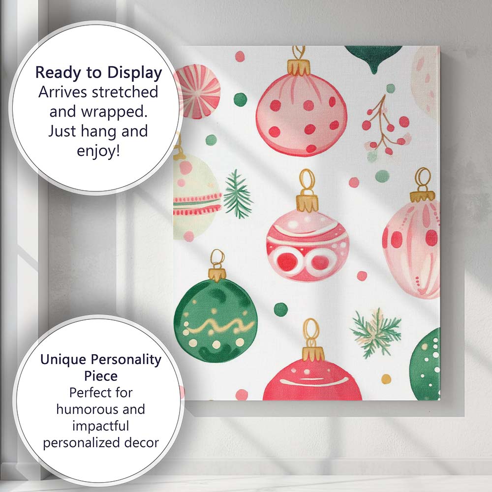 Pastel Watercolour Christmas Baubles Holiday Ornament Pattern Canvas Wall Art Print Decor Picture Ready to Hang