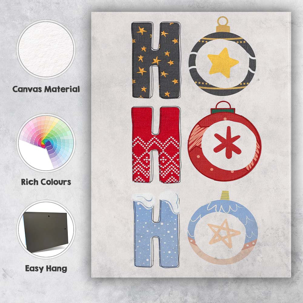 Festive Ho Ho Christmas Ornament Lettering Illustration Canvas Wall Art Print Decor Picture Ready to Hang