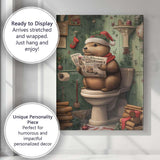 Funny Christmas Beaver Reading Newspaper On Toilet Festive Animal Illustration Canvas Wall Art Print Decor Picture Ready to Hang