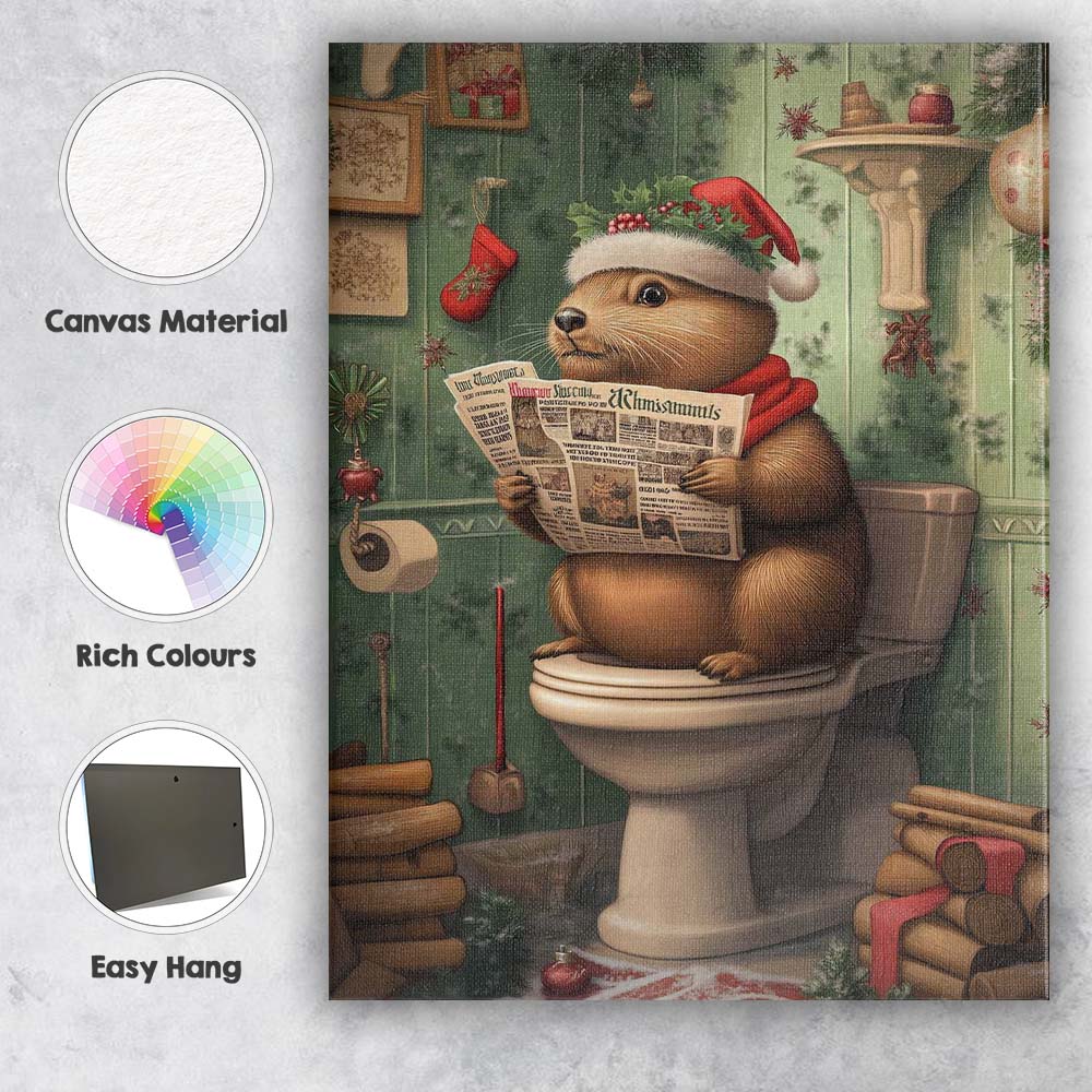 Funny Christmas Beaver Reading Newspaper On Toilet Festive Animal Illustration Canvas Wall Art Print Decor Picture Ready to Hang