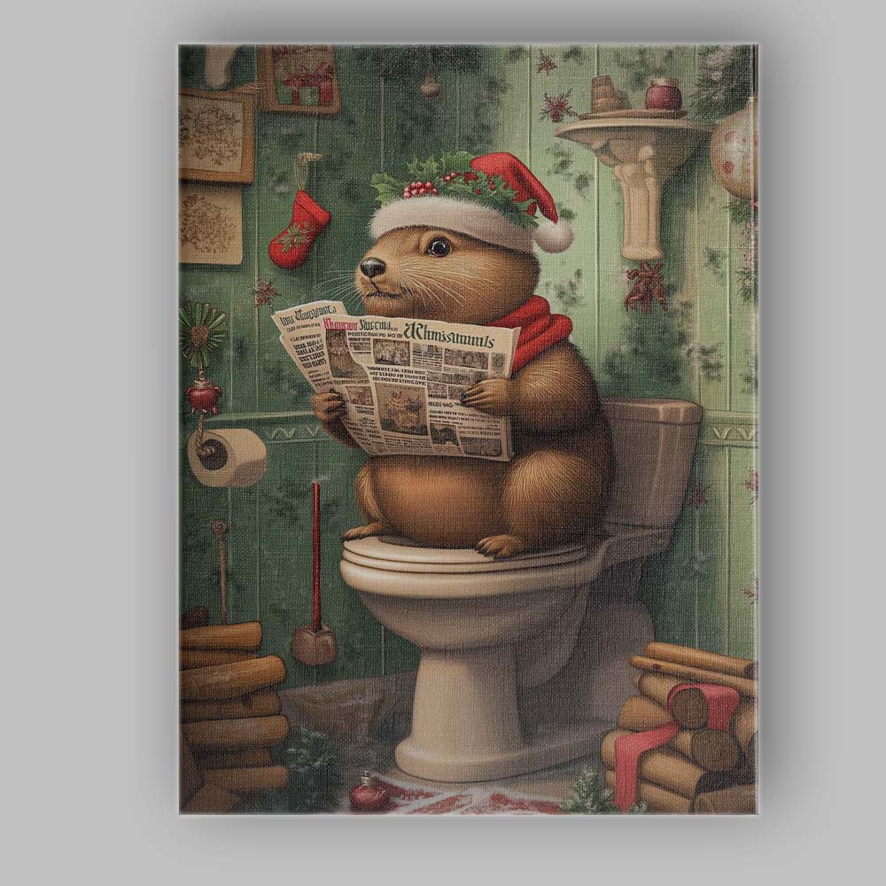 Funny Christmas Beaver Reading Newspaper On Toilet Festive Animal Illustration Canvas Wall Art Print Decor Picture Ready to Hang