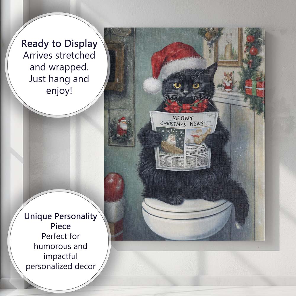 Black Cat Reading Meowy Christmas News Santa Hat Festive Animal Canvas Wall Art Print Decor Picture Ready to Hang
