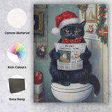 Black Cat Reading Meowy Christmas News Santa Hat Festive Animal Canvas Wall Art Print Decor Picture Ready to Hang