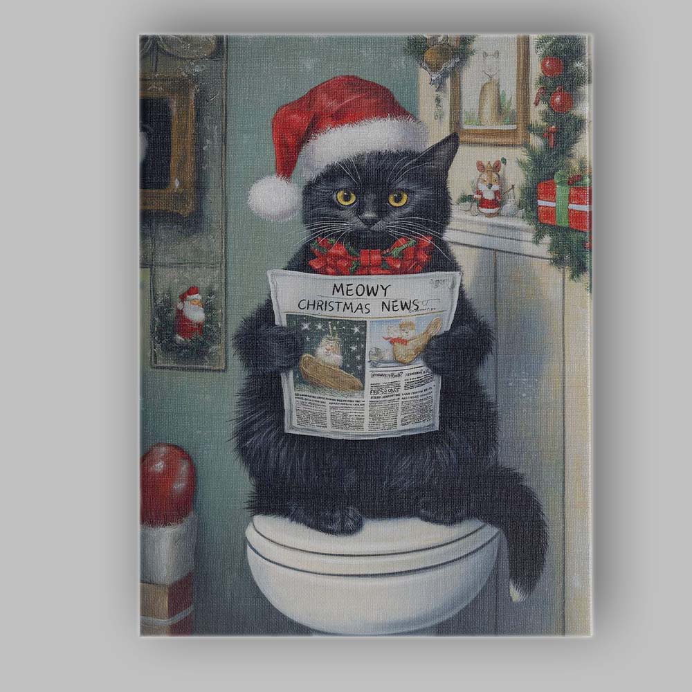 Black Cat Reading Meowy Christmas News Santa Hat Festive Animal Canvas Wall Art Print Decor Picture Ready to Hang