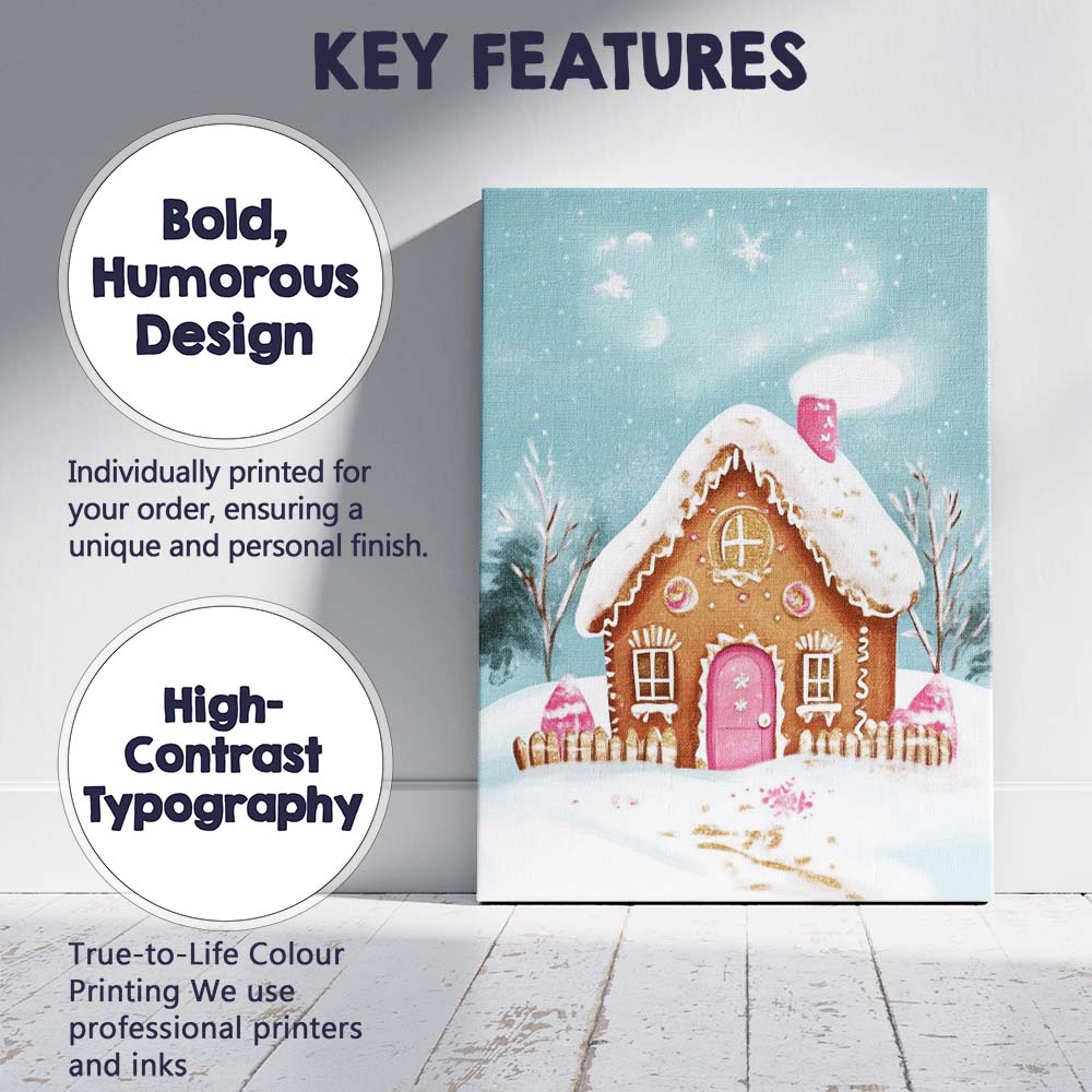 Pink Gingerbread House Winter Snow Watercolour Christmas Illustration Canvas Wall Art Print Decor Picture Ready to Hang