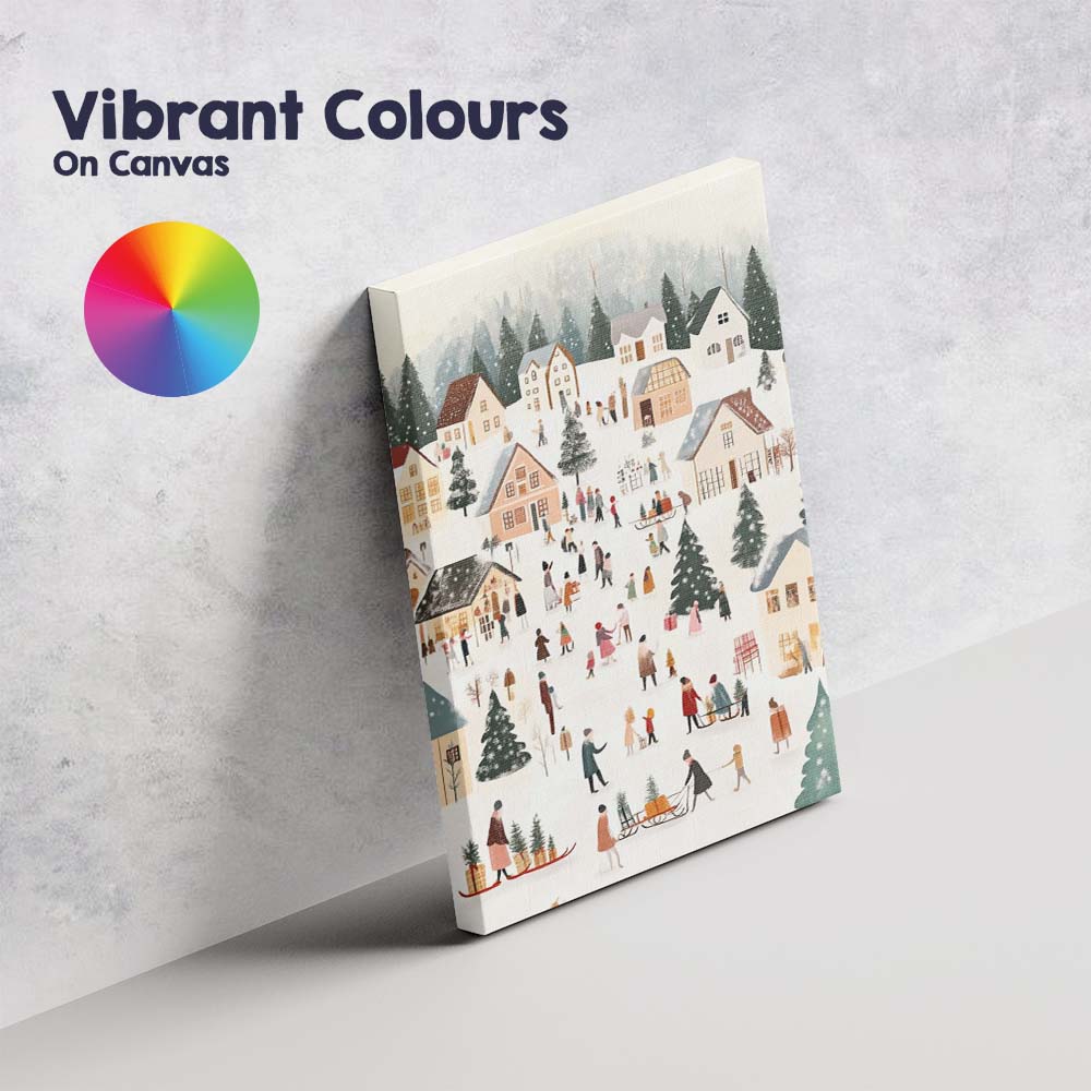 Cosy Snow Covered Christmas Village Winter Folk Art Illustration Canvas Wall Art Print Decor Picture Ready to Hang