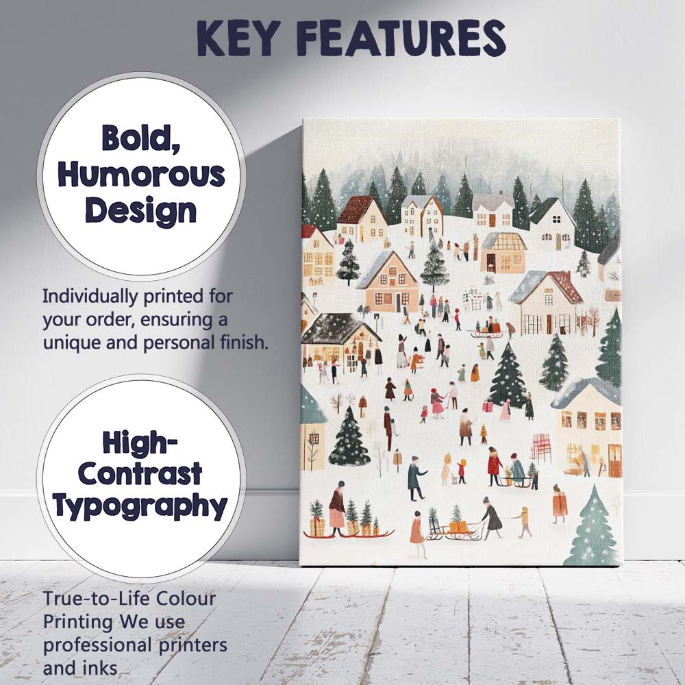 Cosy Snow Covered Christmas Village Winter Folk Art Illustration Canvas Wall Art Print Decor Picture Ready to Hang