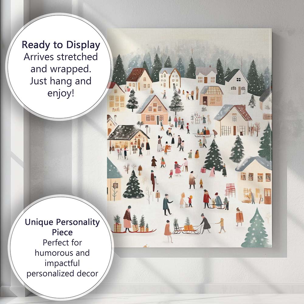 Cosy Snow Covered Christmas Village Winter Folk Art Illustration Canvas Wall Art Print Decor Picture Ready to Hang