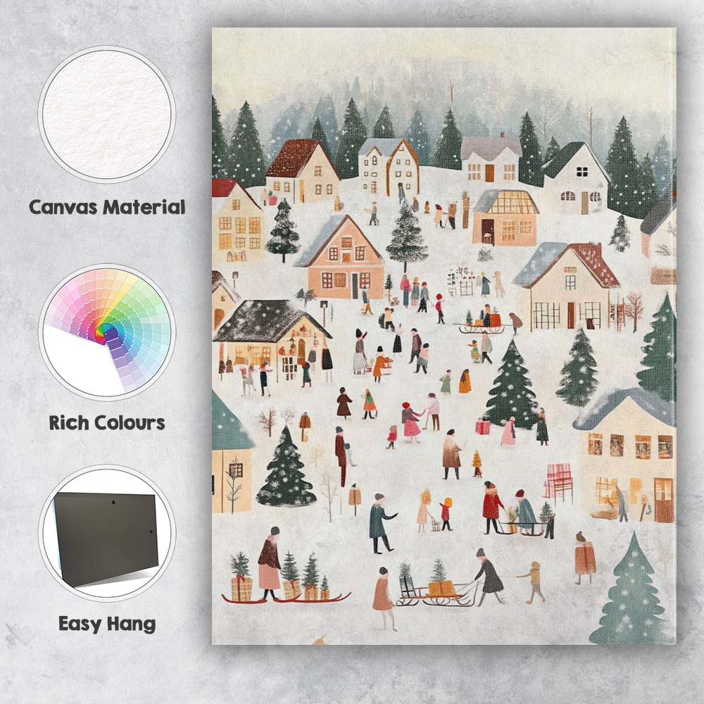 Cosy Snow Covered Christmas Village Winter Folk Art Illustration Canvas Wall Art Print Decor Picture Ready to Hang