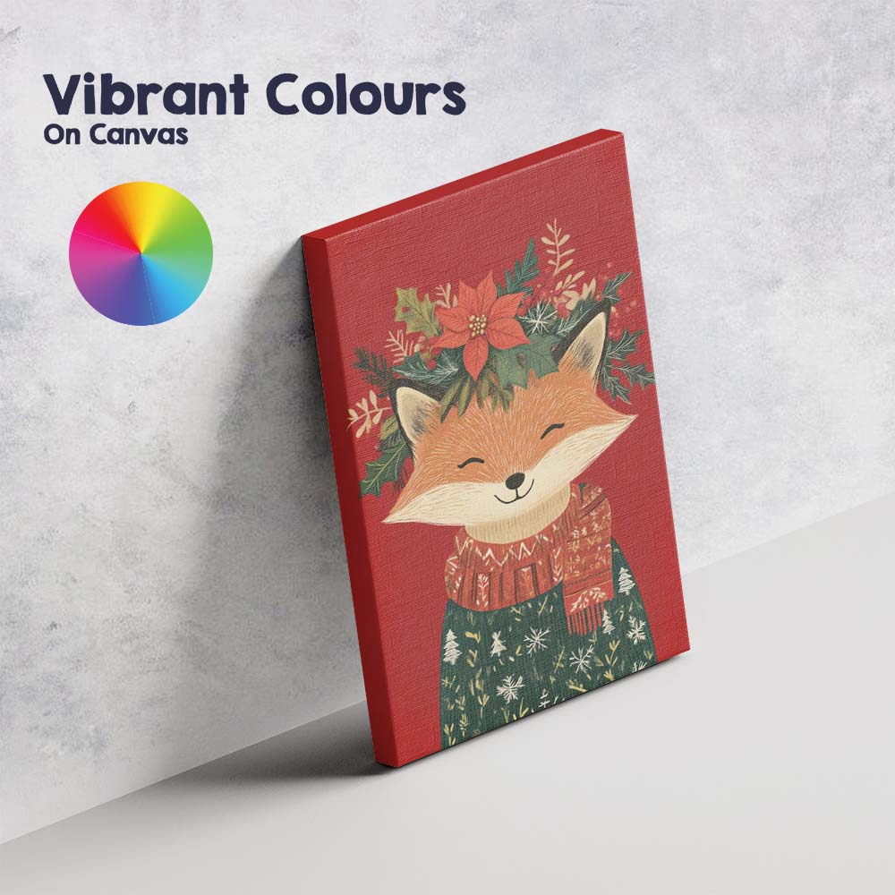 Cute Christmas Fox Wearing Winter Jumper And Floral Crown Canvas Wall Art Print Decor Picture Ready to Hang