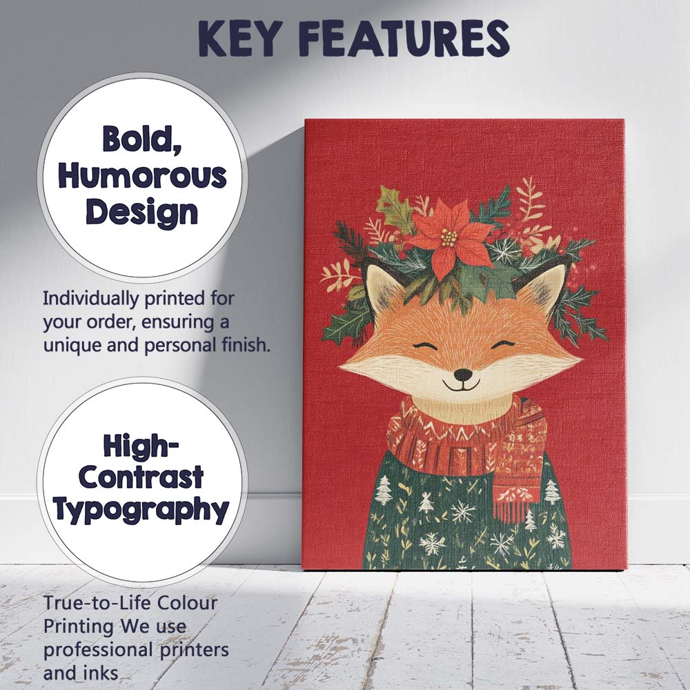 Cute Christmas Fox Wearing Winter Jumper And Floral Crown Canvas Wall Art Print Decor Picture Ready to Hang