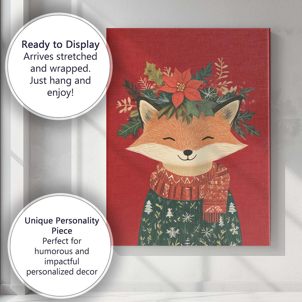 Cute Christmas Fox Wearing Winter Jumper And Floral Crown Canvas Wall Art Print Decor Picture Ready to Hang