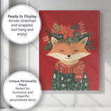 Cute Christmas Fox Wearing Winter Jumper And Floral Crown Canvas Wall Art Print Decor Picture Ready to Hang