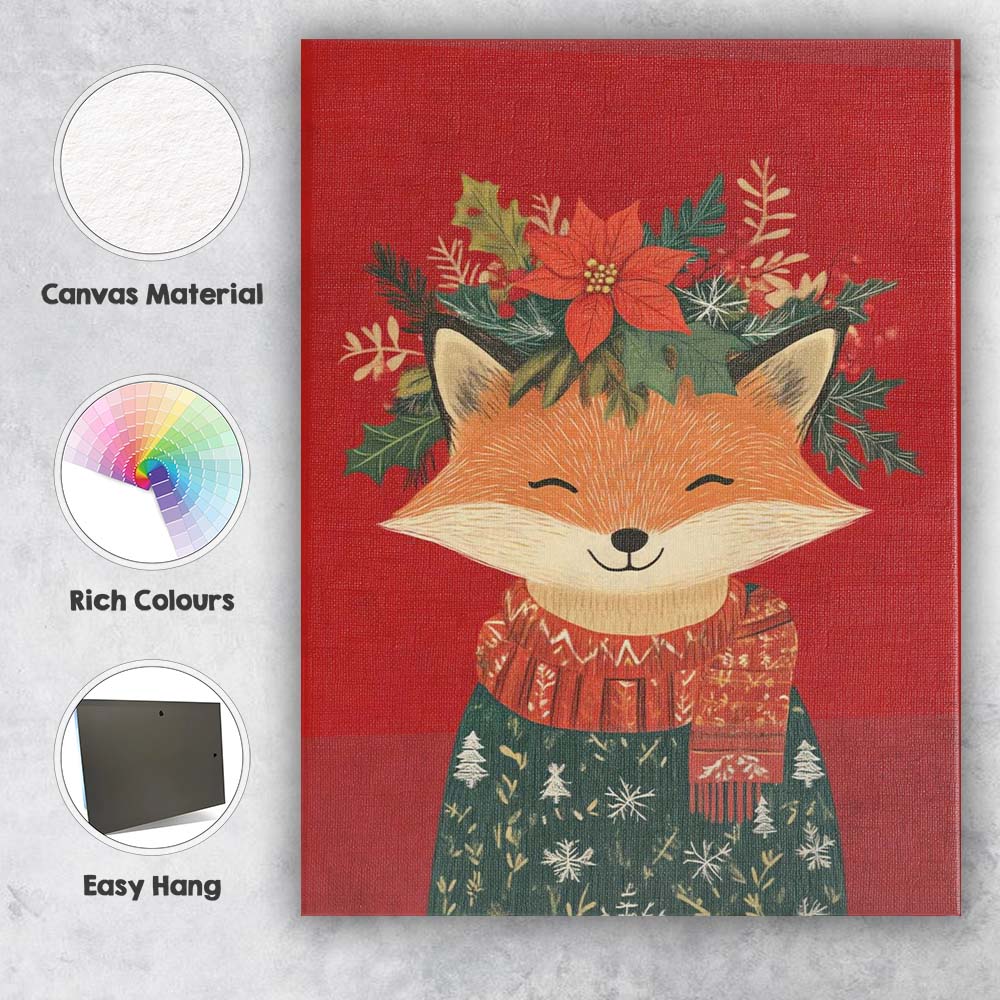 Cute Christmas Fox Wearing Winter Jumper And Floral Crown Canvas Wall Art Print Decor Picture Ready to Hang