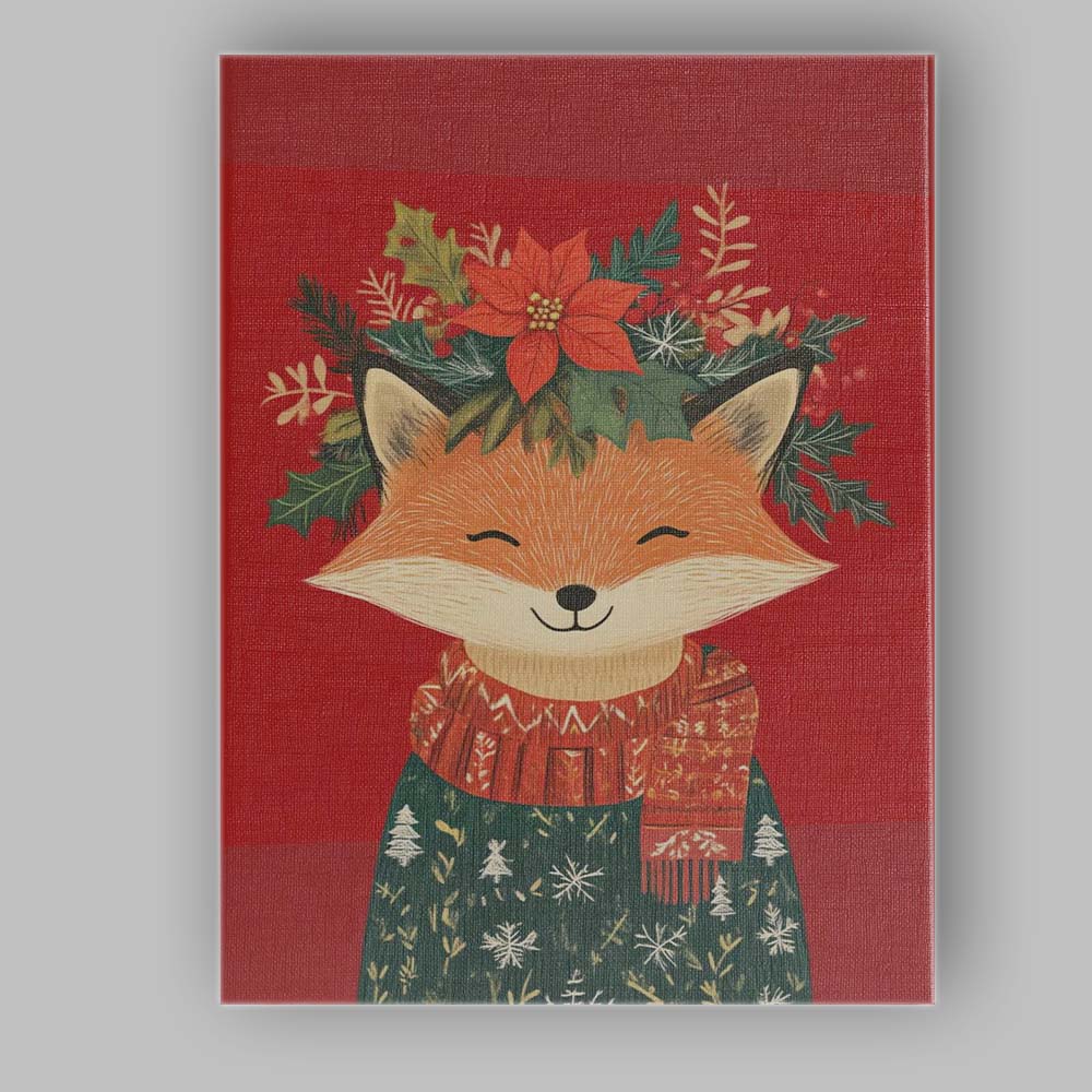 Cute Christmas Fox Wearing Winter Jumper And Floral Crown Canvas Wall Art Print Decor Picture Ready to Hang