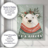 Cute Polar Bear Wearing Festive Christmas Jumper Woodland Winter Illustration Canvas Wall Art Print Decor Picture Ready to Hang