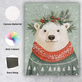 Cute Polar Bear Wearing Festive Christmas Jumper Woodland Winter Illustration Canvas Wall Art Print Decor Picture Ready to Hang