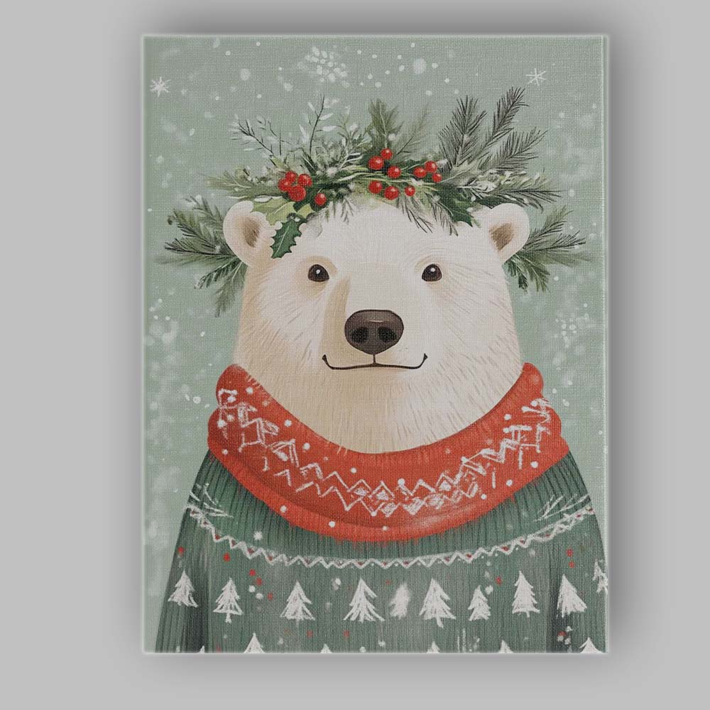 Cute Polar Bear Wearing Festive Christmas Jumper Woodland Winter Illustration Canvas Wall Art Print Decor Picture Ready to Hang