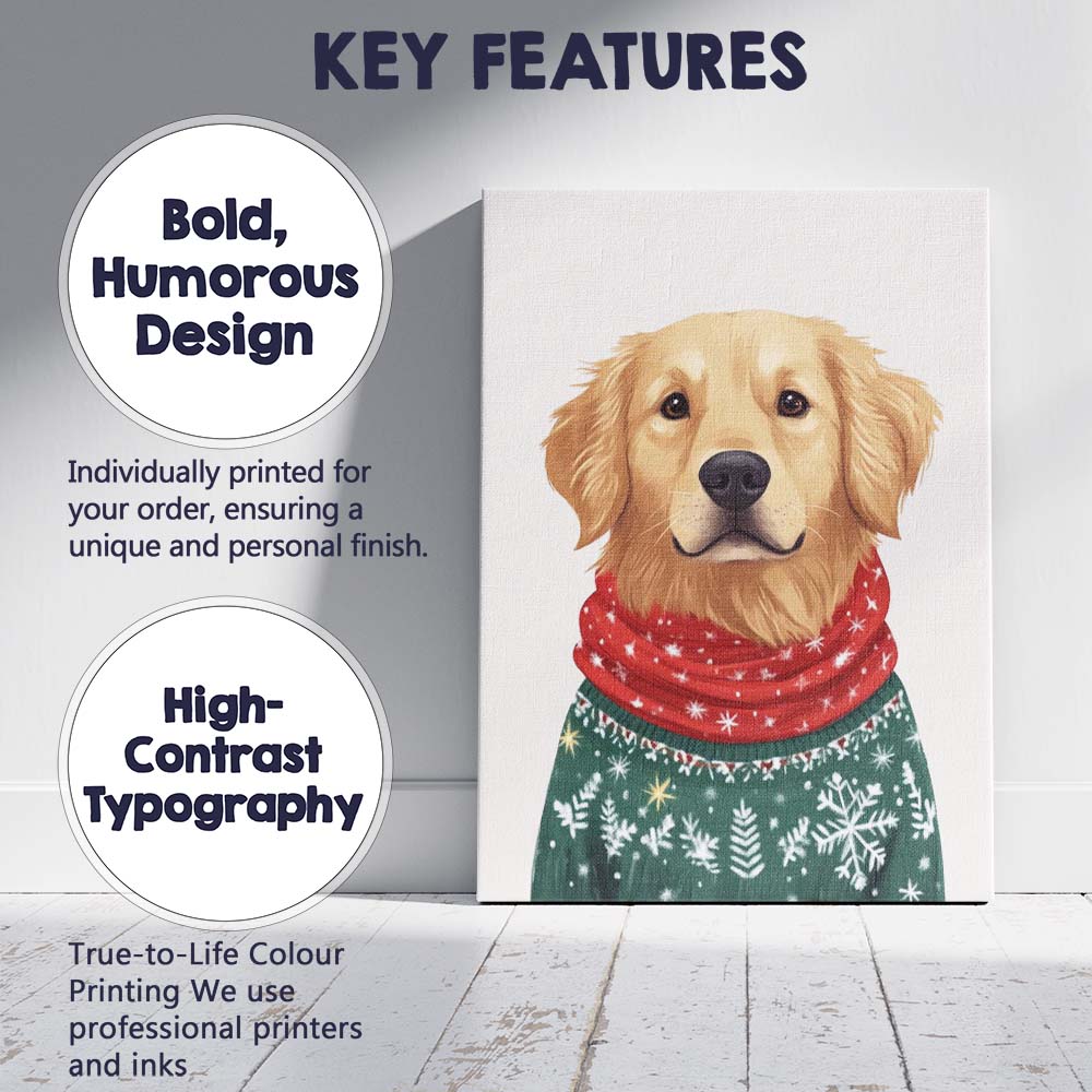 Cute Golden Retriever Christmas Jumper Red Scarf Festive Dog Portrait Canvas Wall Art Print Decor Picture Ready to Hang