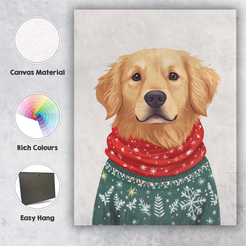 Cute Golden Retriever Christmas Jumper Red Scarf Festive Dog Portrait Canvas Wall Art Print Decor Picture Ready to Hang
